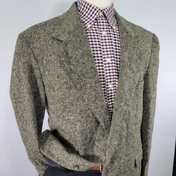 Haggar Mens Sport Coat Blazer Two Button Beige Black Herringbone City Casual 46R